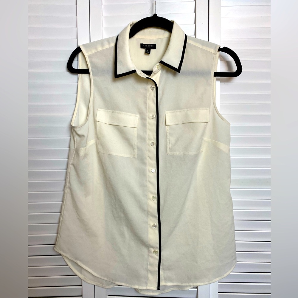 Talbots White Sleeveless Button Down with Black Piping - Size 8p